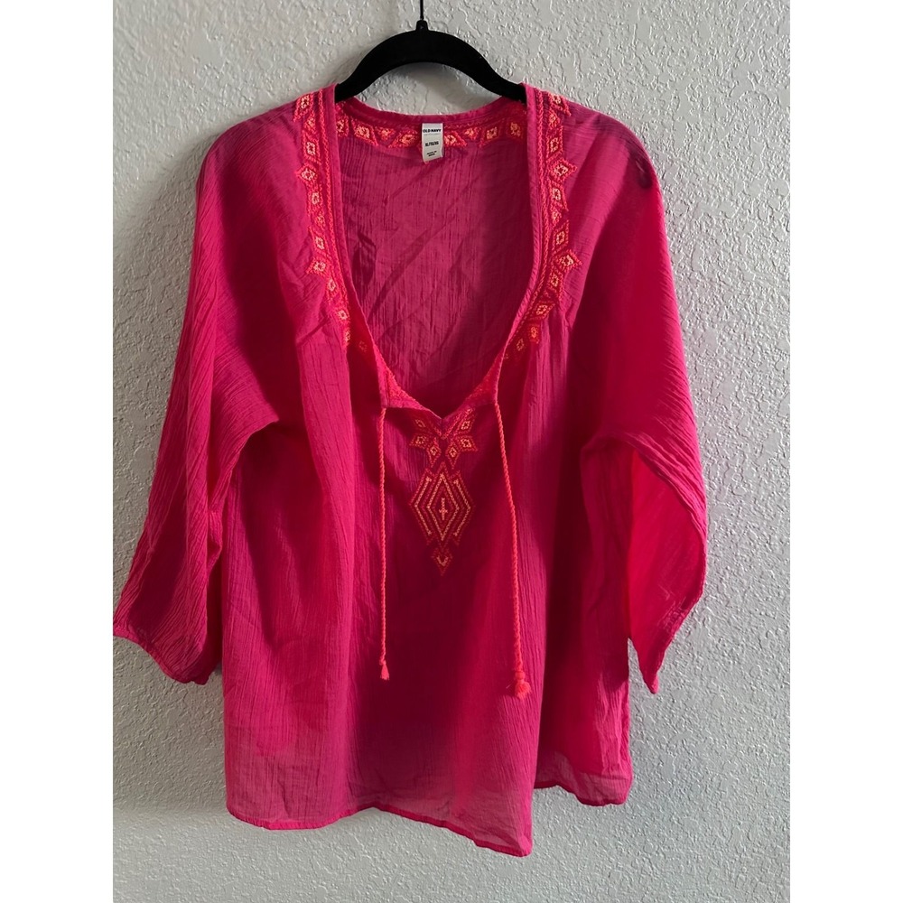 Old Navy Pink Embroidered Crinkle Gauze Tunic Top XL Boho Tassel Split Neck